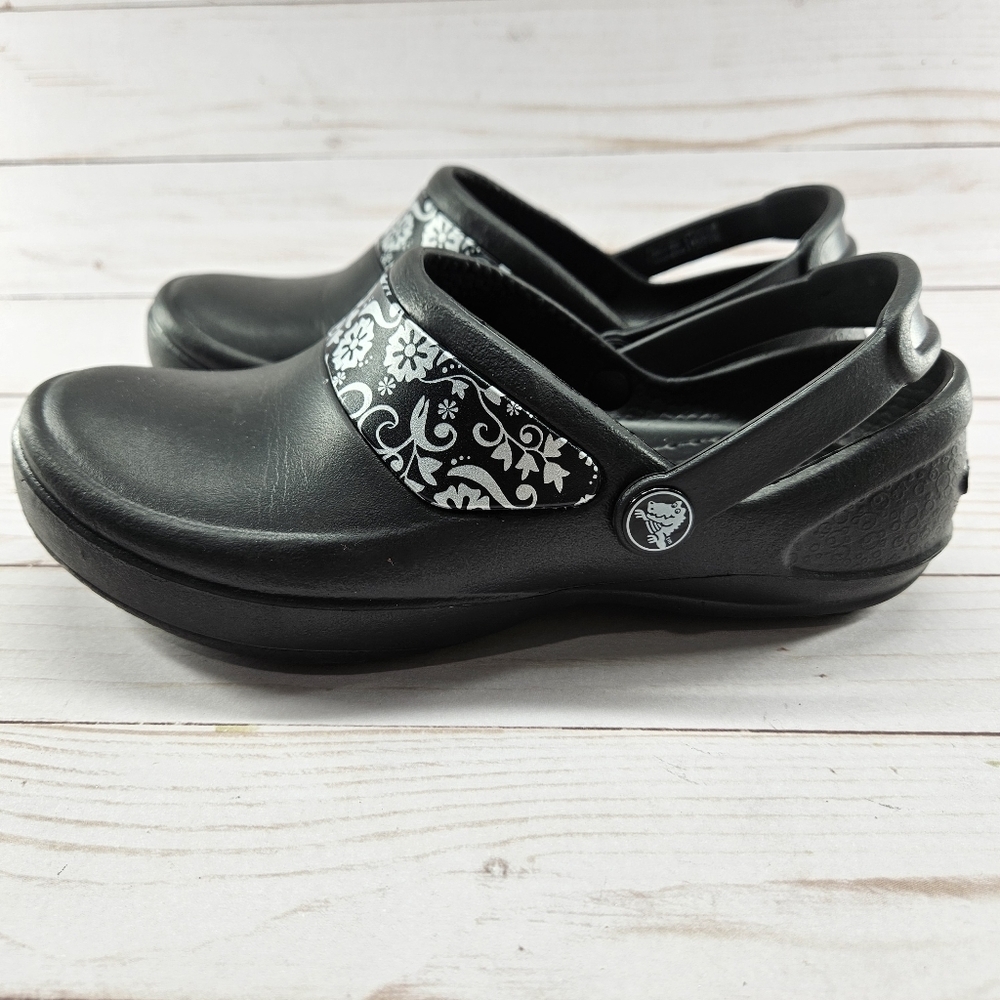 Crocs Mercy‎ Slip Resistant Work Clogs Womens Size 5 Black Silver Floral 10876 - Picture 6 of 12
